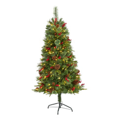 5’ Norway Mixed Pine Artificial Christmas Tree with 200 Clear LED Lights, Pine Cones and Berries - Ornate Home