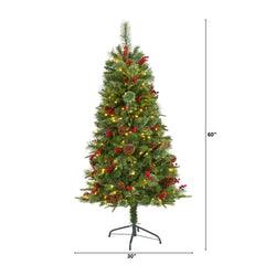 5’ Norway Mixed Pine Artificial Christmas Tree with 200 Clear LED Lights, Pine Cones and Berries - Ornate Home