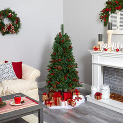 5’ Norway Mixed Pine Artificial Christmas Tree with 200 Clear LED Lights, Pine Cones and Berries - Ornate Home