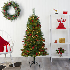 5’ Norway Mixed Pine Artificial Christmas Tree with 200 Clear LED Lights, Pine Cones and Berries - Ornate Home