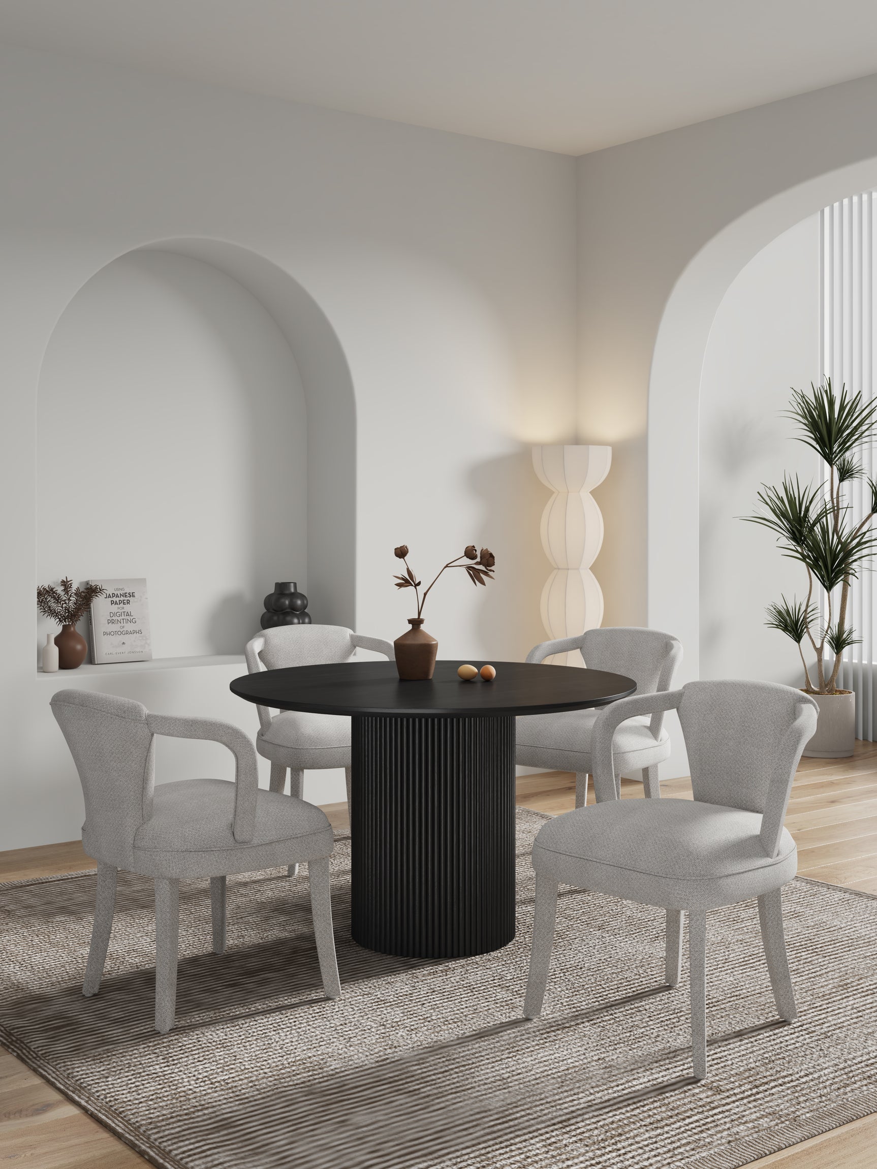 5-Piece Hathaway 47.24 Round Dining Set in Black with 4 Palmer Dining Armchairs in Silver Lining - Ornate Home