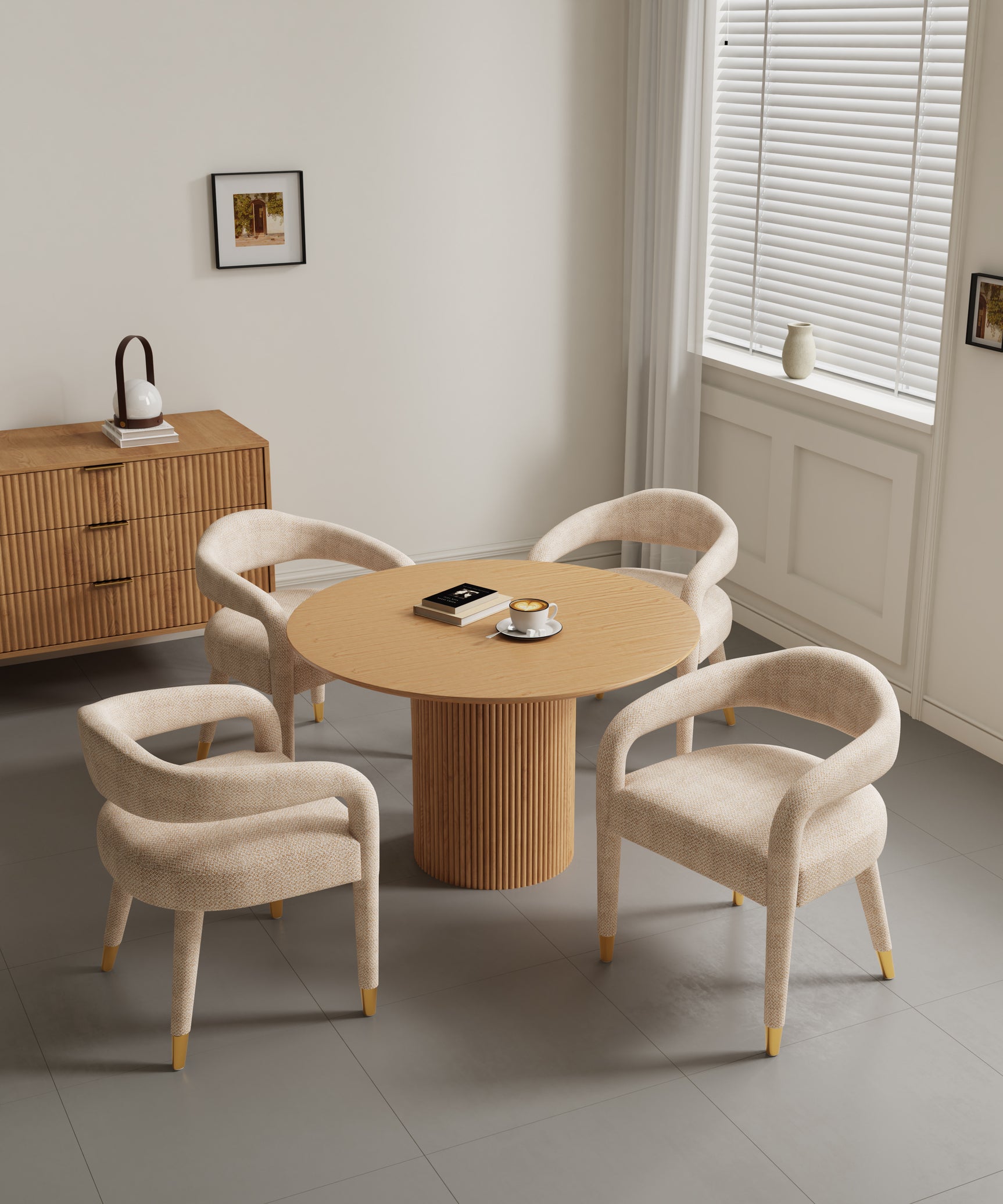 5-Piece Hathaway 47.24 Round Dining Set in Natural with 4 Aspen Dining Chairs in Gold Dust - Ornate Home