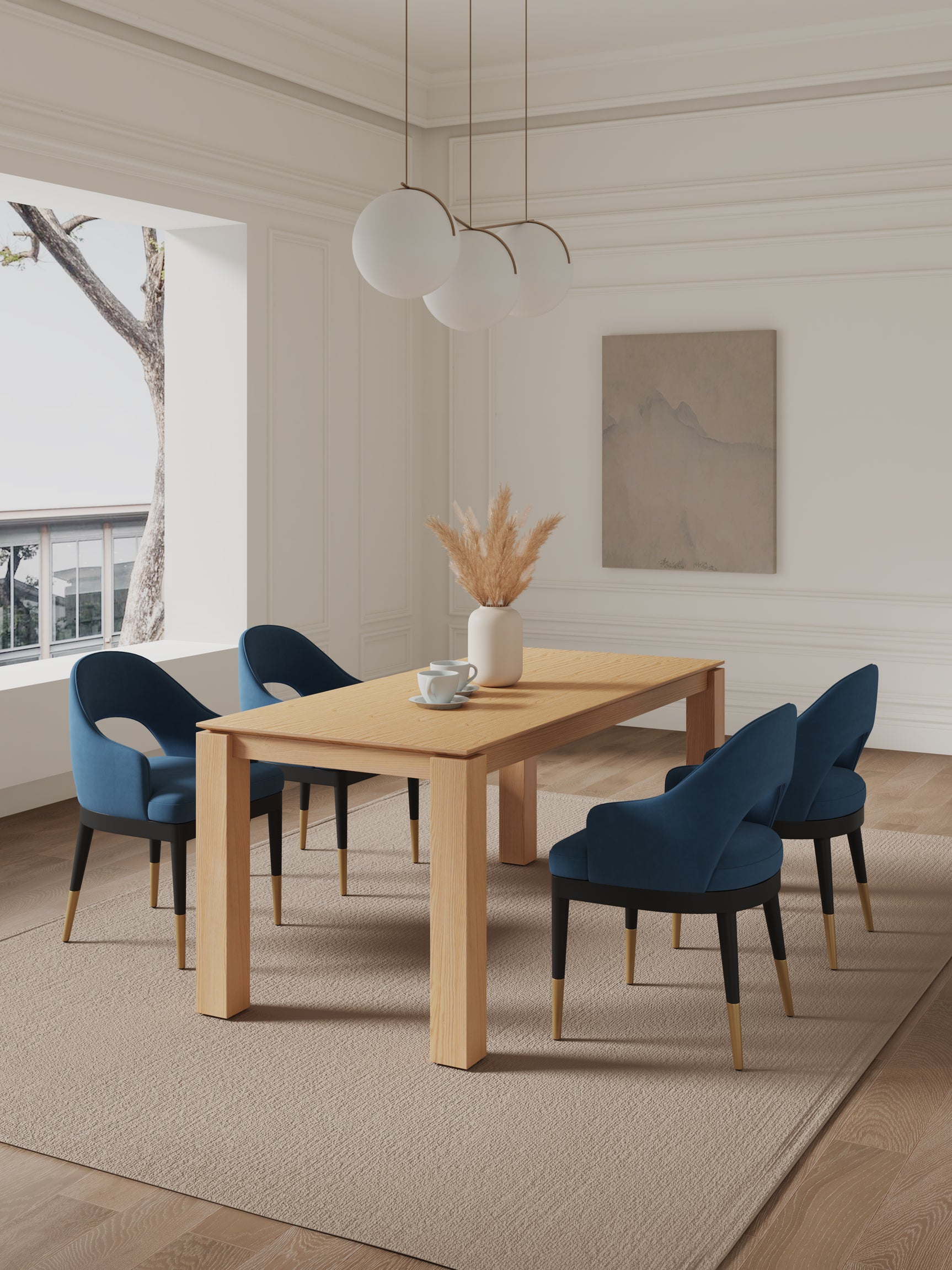 5-Piece Rockaway 70.86 Dining Set with 4 Carrington Chairs in Natural and Midnight Blue - Ornate Home