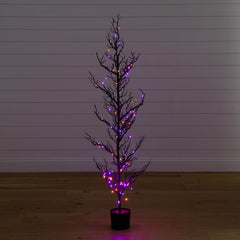 5' Pre-Lit Artificial Halloween Black Spooky Twig Tree with 200 Orange & Purple Copper Wire String LED Lights - Ornate Home