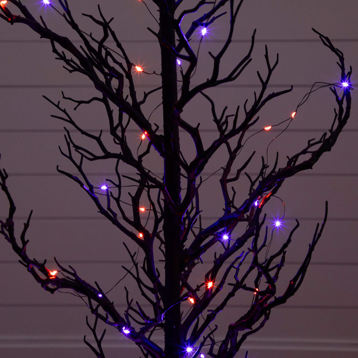 5' Pre-Lit Artificial Halloween Black Spooky Twig Tree with 200 Orange & Purple Copper Wire String LED Lights