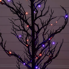 5' Pre-Lit Artificial Halloween Black Spooky Twig Tree with 200 Orange & Purple Copper Wire String LED Lights - Ornate Home
