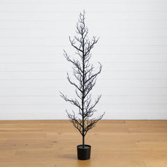 5' Pre-Lit Artificial Halloween Black Spooky Twig Tree with 200 Orange & Purple Copper Wire String LED Lights - Ornate Home