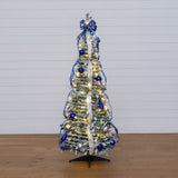 5' Pre-Lit Artificial Pop Up Flocked Christmas Tree with Silver & Blue Ornaments, Ribbons  and 100 Warm White LED Lights