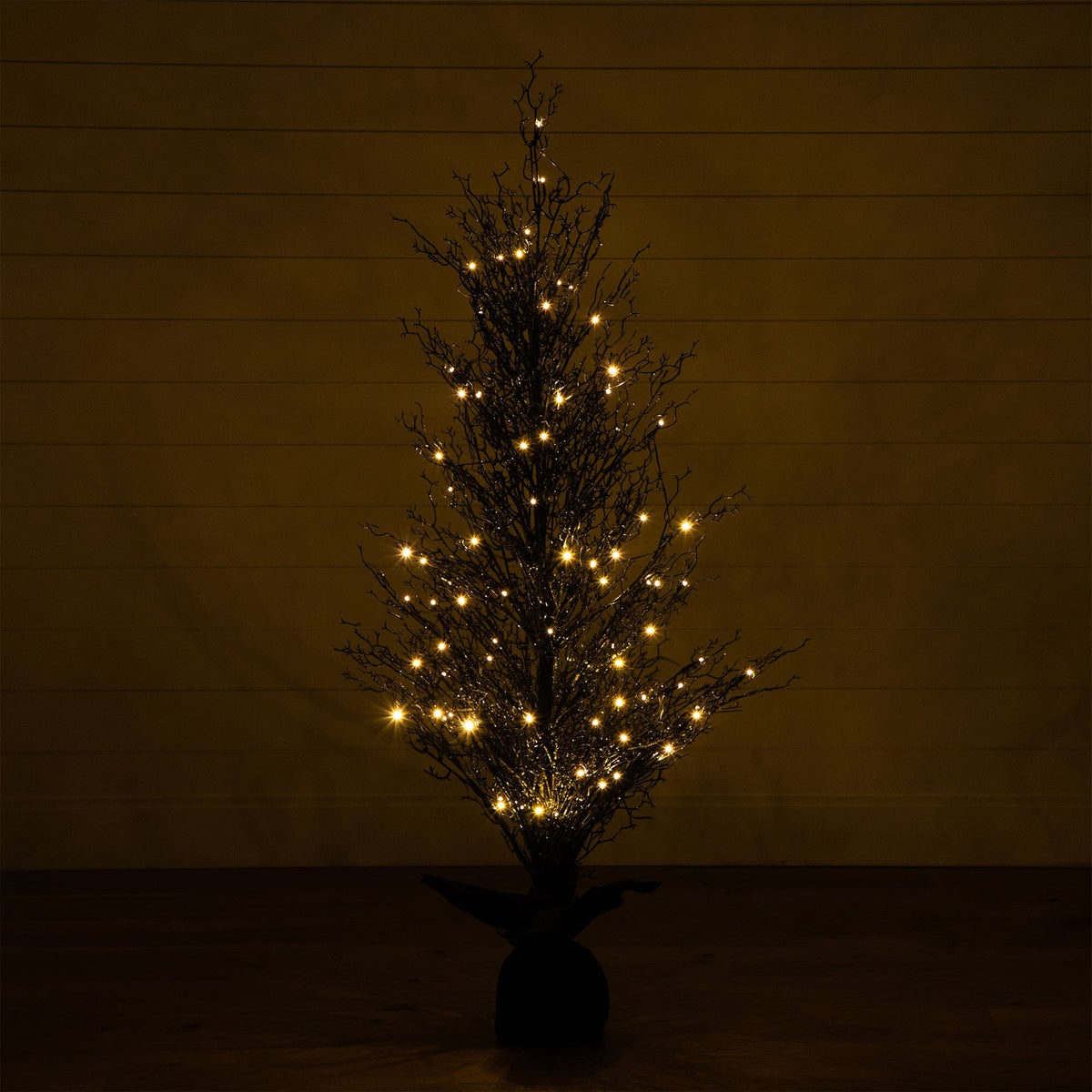 5’ Pre-Lit Halloween Black Twig Artificial Fall Tree in Burlap Planter with 85 Warm White LED Lights