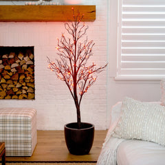 5’ Pre-Lit Halloween Deluxe Black Twig Artificial Tree with 102 Orange & Purple LED Lights - Ornate Home