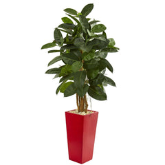 5’ Rubber Leaf Artificial Tree in Red Tower Planter - Ornate Home