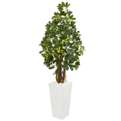 5’ Schefflera Artificial Tree in White Tower Planter - Ornate Home