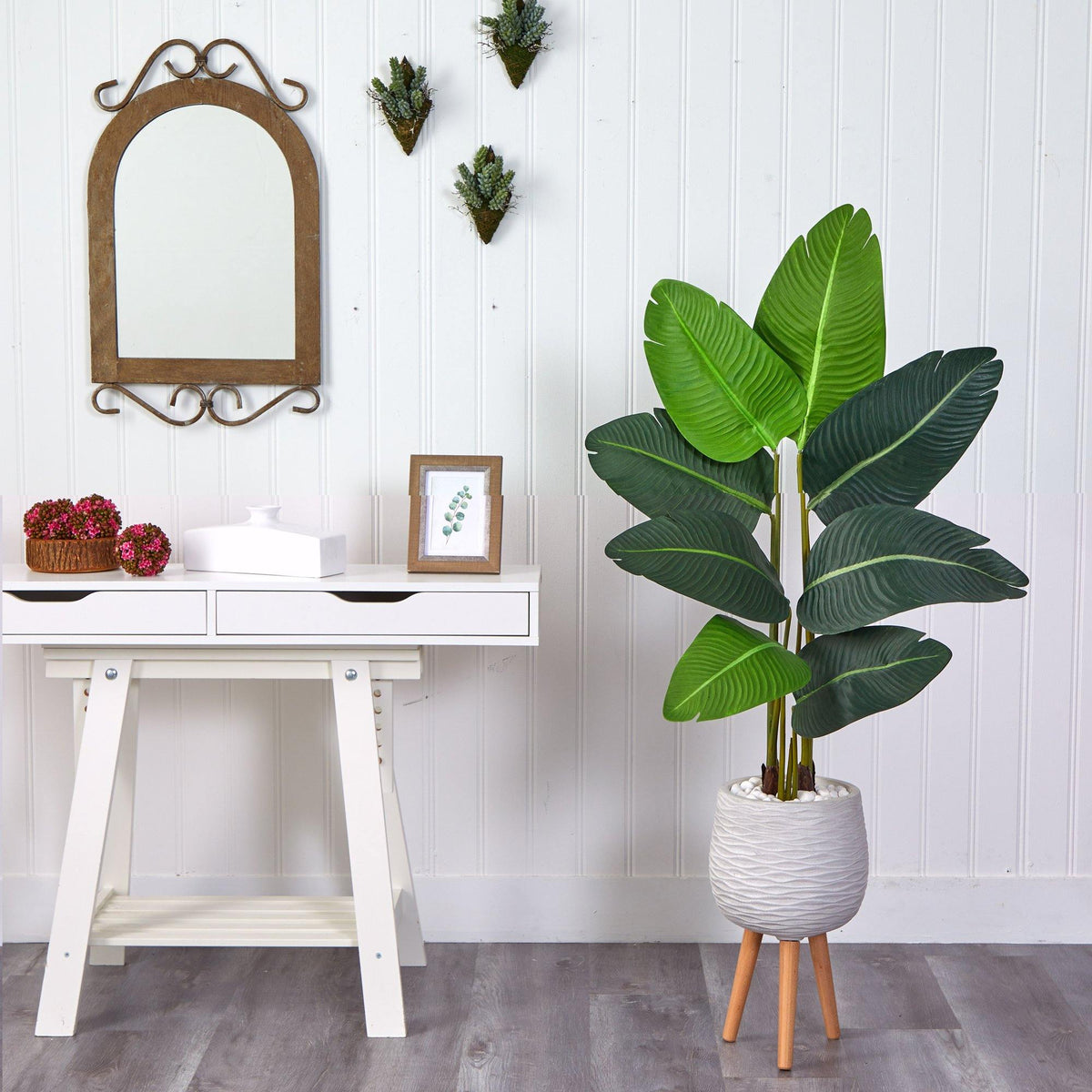 5’ Traveler's Palm Artificial Tree in White Planter with Stand