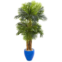 5’ Triple Areca Palm Artificial Tree in Glazed Blue Planter - Ornate Home