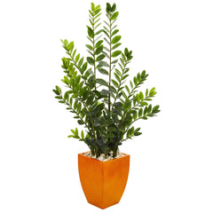 5’ Zamioculcas Artificial Plant in Orange Planter - Ornate Home