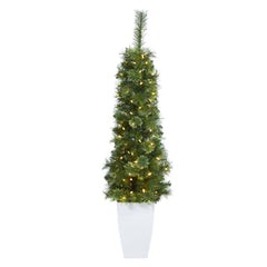 50” Green Pencil Artificial Christmas Tree with 100 Clear (Multifunction) LED Lights and 140 Bendable Branches in White Metal Planter - Ornate Home