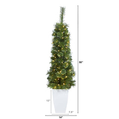 50” Green Pencil Artificial Christmas Tree with 100 Clear (Multifunction) LED Lights and 140 Bendable Branches in White Metal Planter - Ornate Home