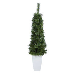 50” Green Pencil Artificial Christmas Tree with 100 Clear (Multifunction) LED Lights and 140 Bendable Branches in White Metal Planter - Ornate Home