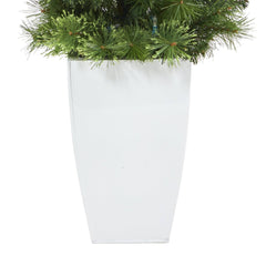 50” Green Pencil Artificial Christmas Tree with 100 Clear (Multifunction) LED Lights and 140 Bendable Branches in White Metal Planter - Ornate Home