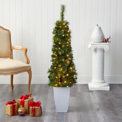 50” Green Pencil Artificial Christmas Tree with 100 Clear (Multifunction) LED Lights and 140 Bendable Branches in White Metal Planter - Ornate Home