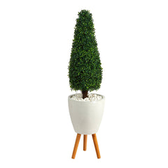 51” Boxwood Tower Artificial Topiary Tree in White Planter with Stand (Indoor/Outdoor) - Ornate Home