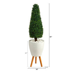 51” Boxwood Tower Artificial Topiary Tree in White Planter with Stand (Indoor/Outdoor) - Ornate Home