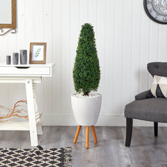 51” Boxwood Tower Artificial Topiary Tree in White Planter with Stand (Indoor/Outdoor) - Ornate Home