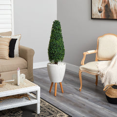 51” Boxwood Tower Artificial Topiary Tree in White Planter with Stand (Indoor/Outdoor) - Ornate Home