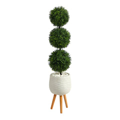 51” Boxwood Triple Ball Topiary Artificial Tree in White Planter with Stand (Indoor/Outdoor - Ornate Home