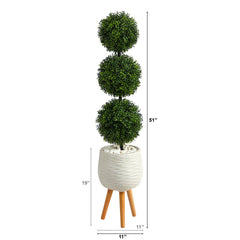 51” Boxwood Triple Ball Topiary Artificial Tree in White Planter with Stand (Indoor/Outdoor - Ornate Home