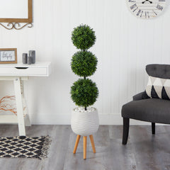 51” Boxwood Triple Ball Topiary Artificial Tree in White Planter with Stand (Indoor/Outdoor - Ornate Home