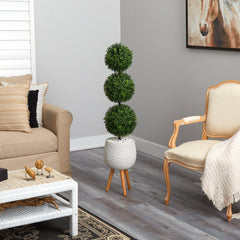 51” Boxwood Triple Ball Topiary Artificial Tree in White Planter with Stand (Indoor/Outdoor - Ornate Home