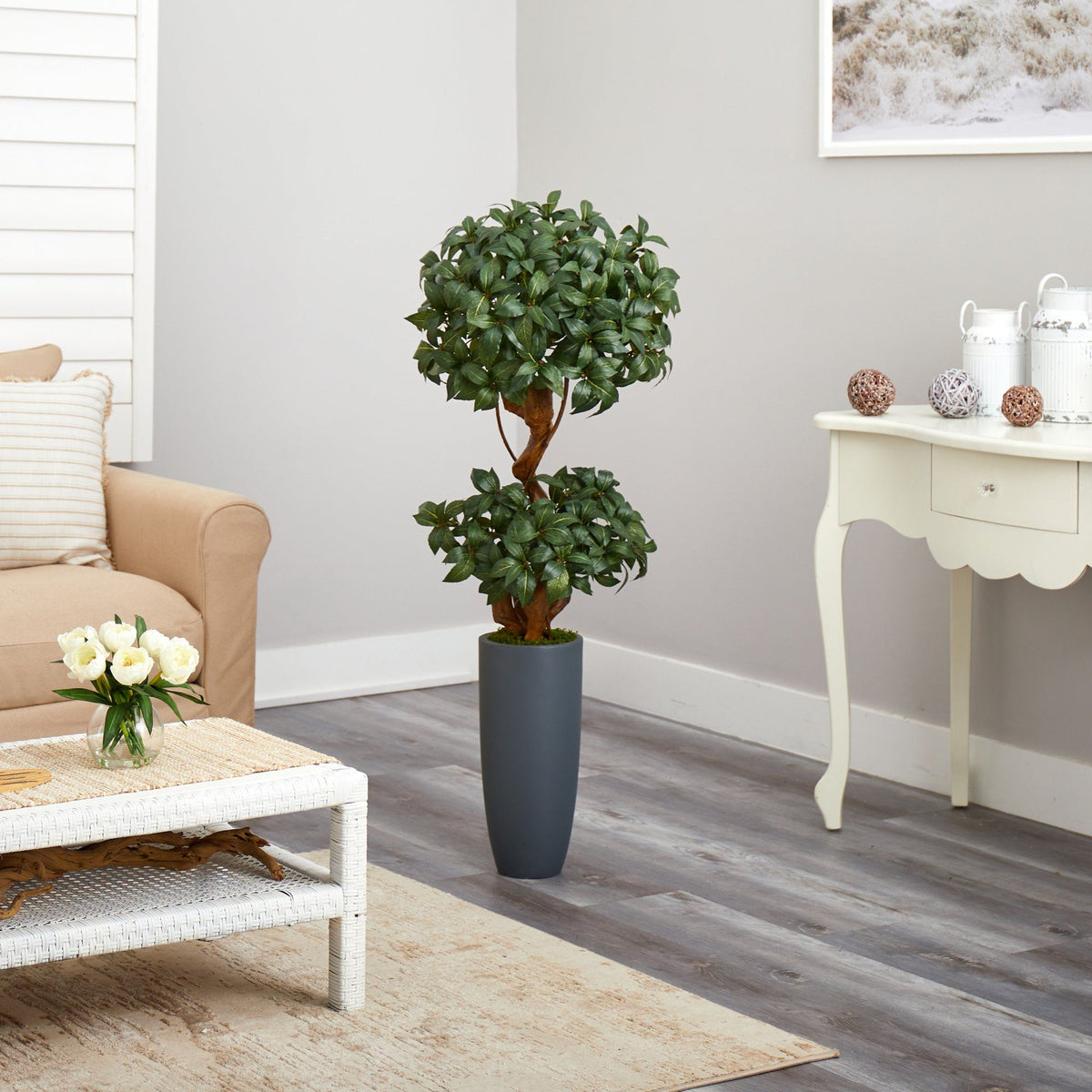 51” Sweet Bay Double Ball Topiary Artificial Tree in Gray Planter