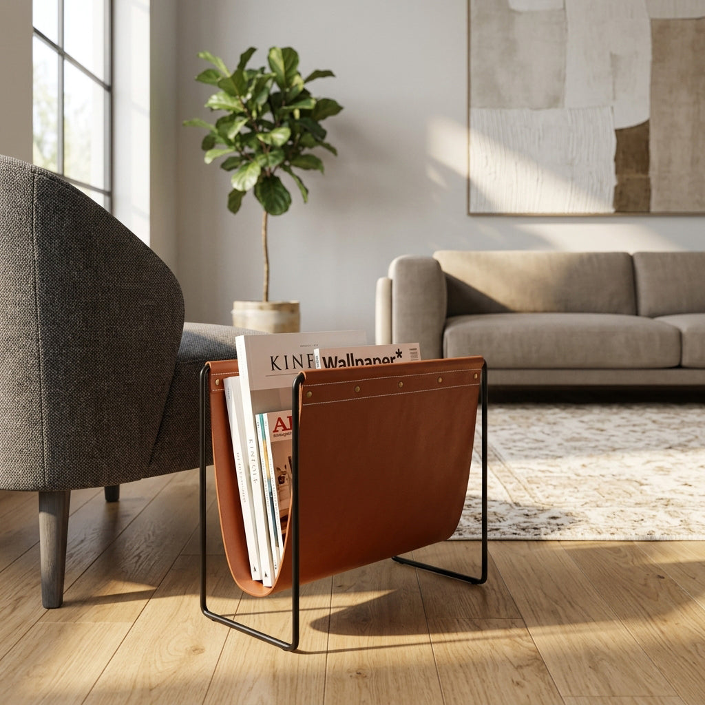 Helm Corner Brown/Black Faux Leather Magazine Rack