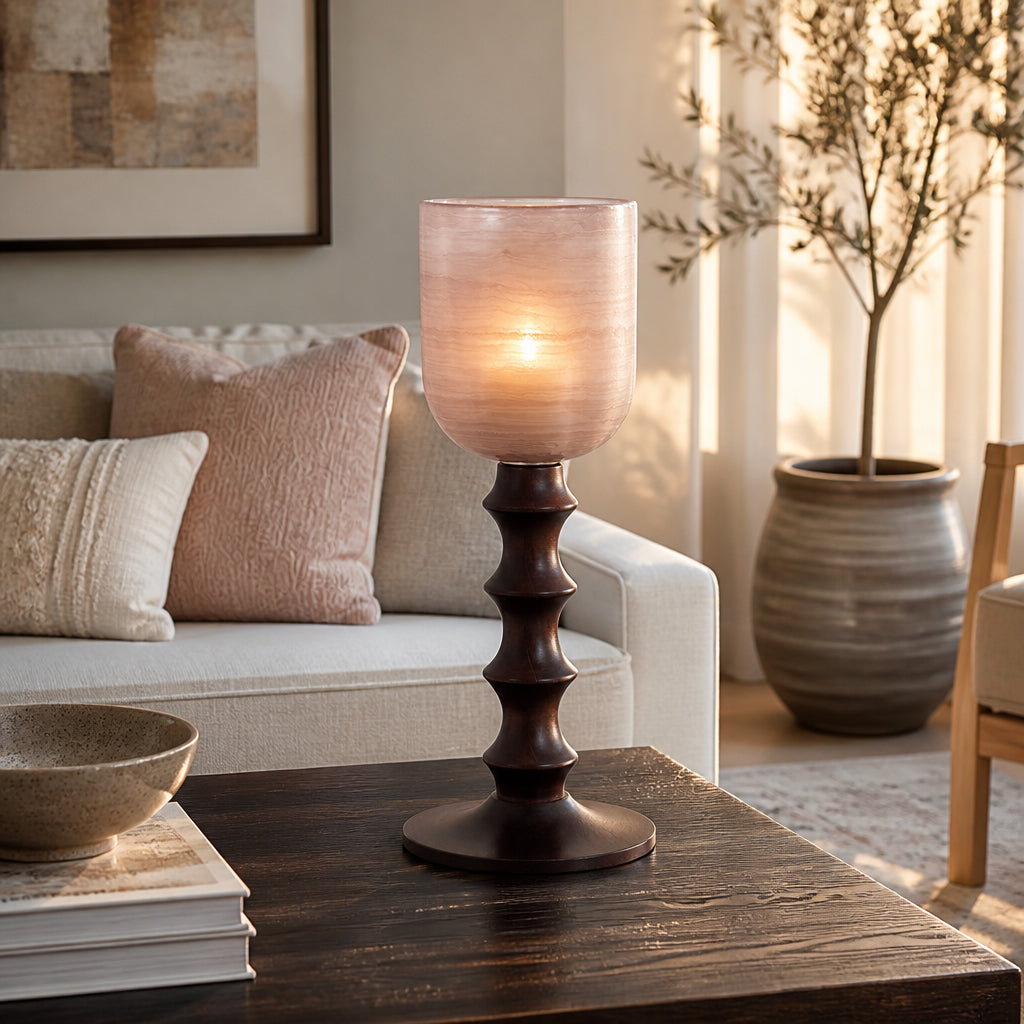 Sloat Blush Small Glass Wooden Base Hurricane