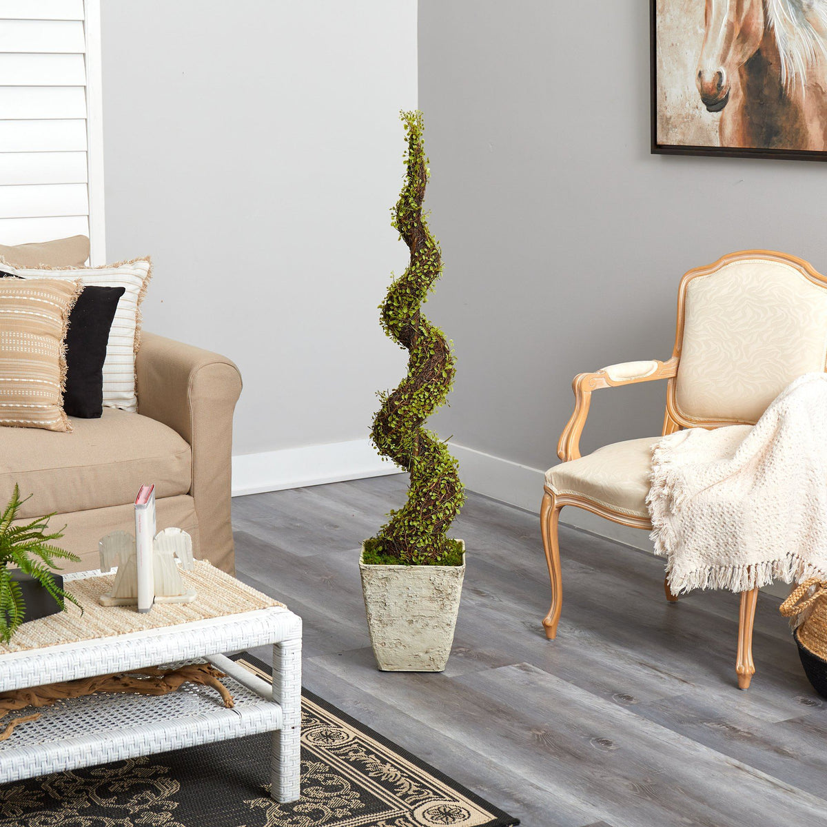 53” Mohlenbechia Spiral Artificial Tree in Country White Planter