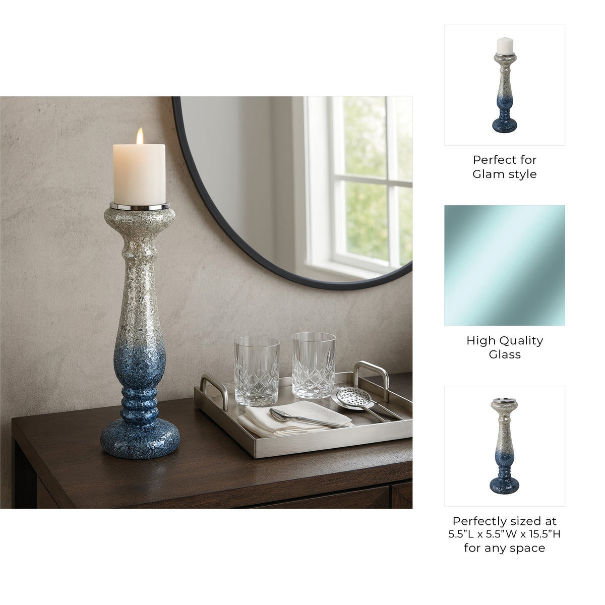 Woodman Silver/Blue Crackle Candle Holder