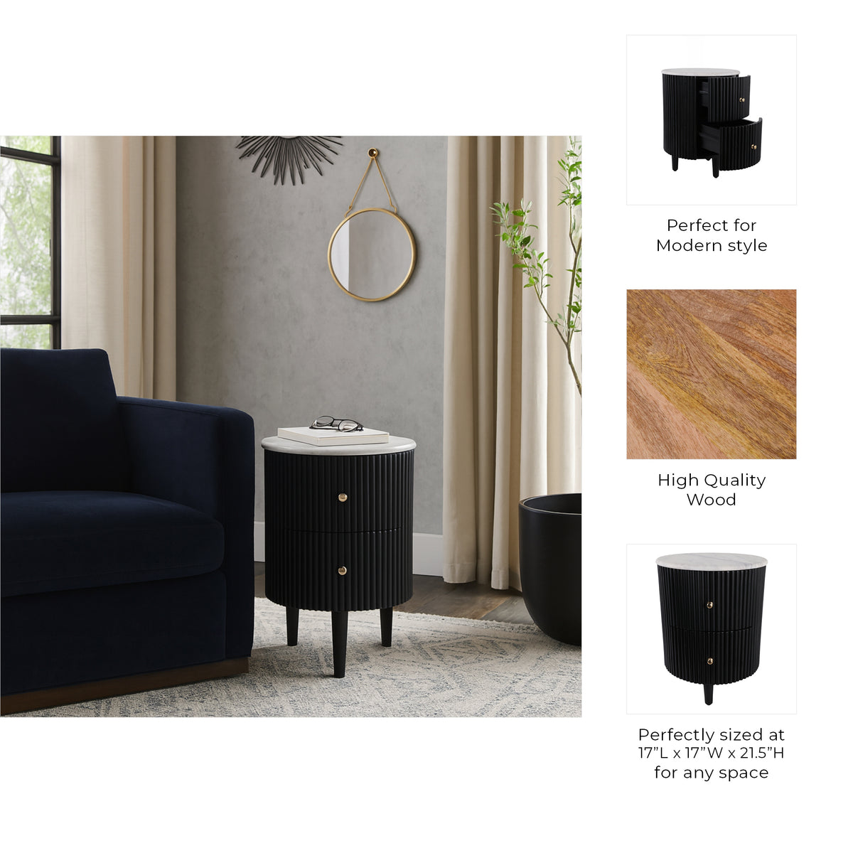 Flumeville White/Black 2-Drawer Side Table with Marble Top