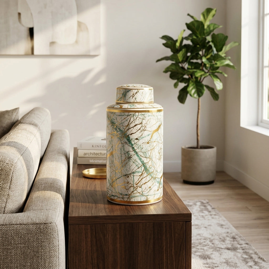 Edendale Green/Gold Large Ceramic Jar with Lid