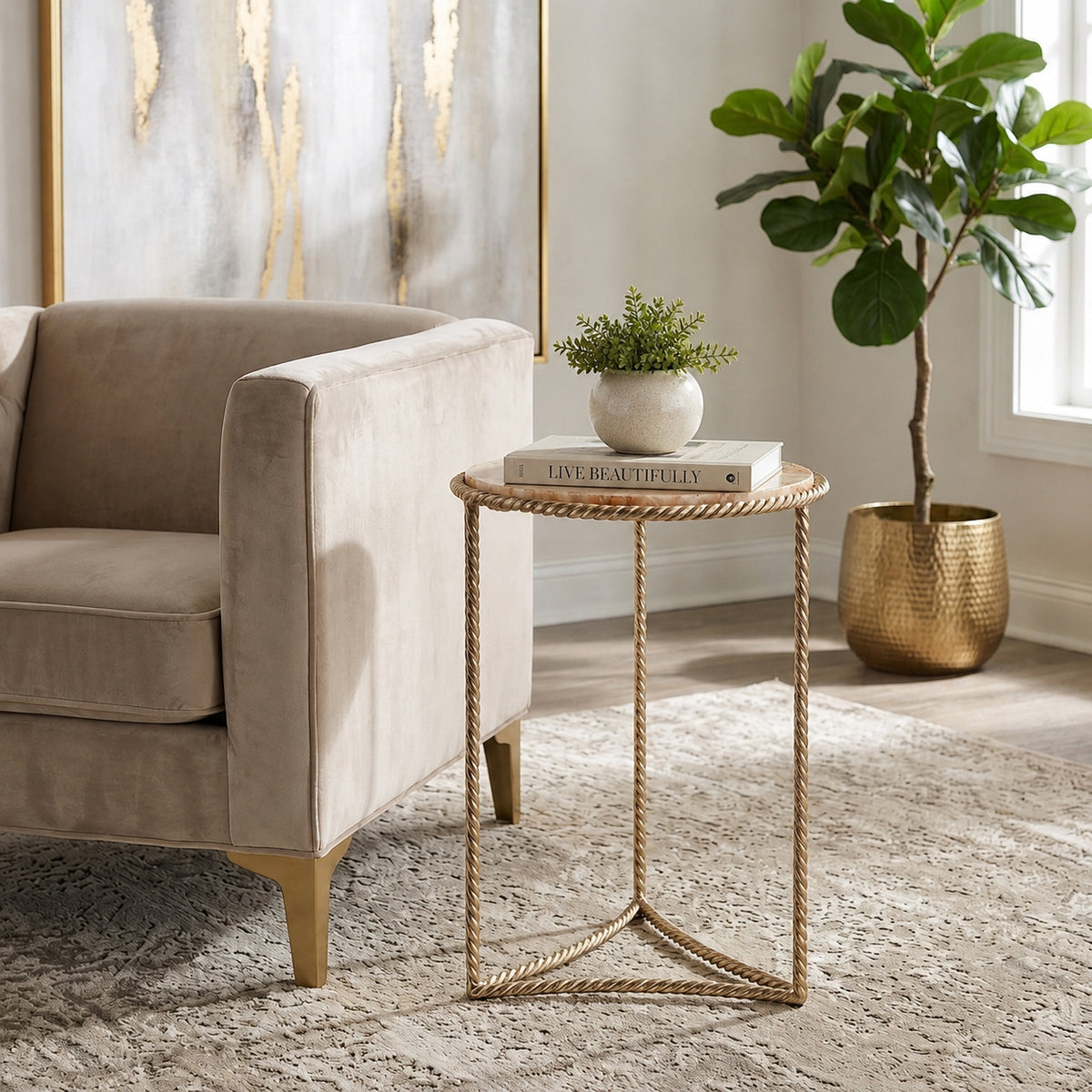 Declez Brown Onyx Quartz Twisted Leg Side Table