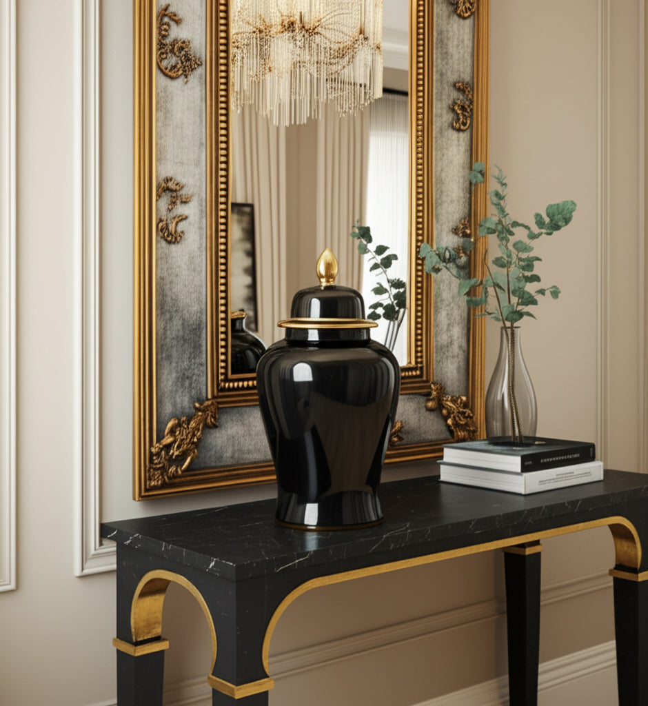Arlenbeach Black/Gold Large Ceramic Temple Jar