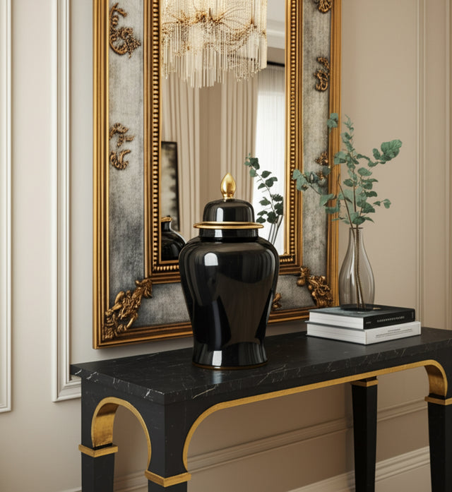 Arlenbeach Black/Gold Large Ceramic Temple Jar
