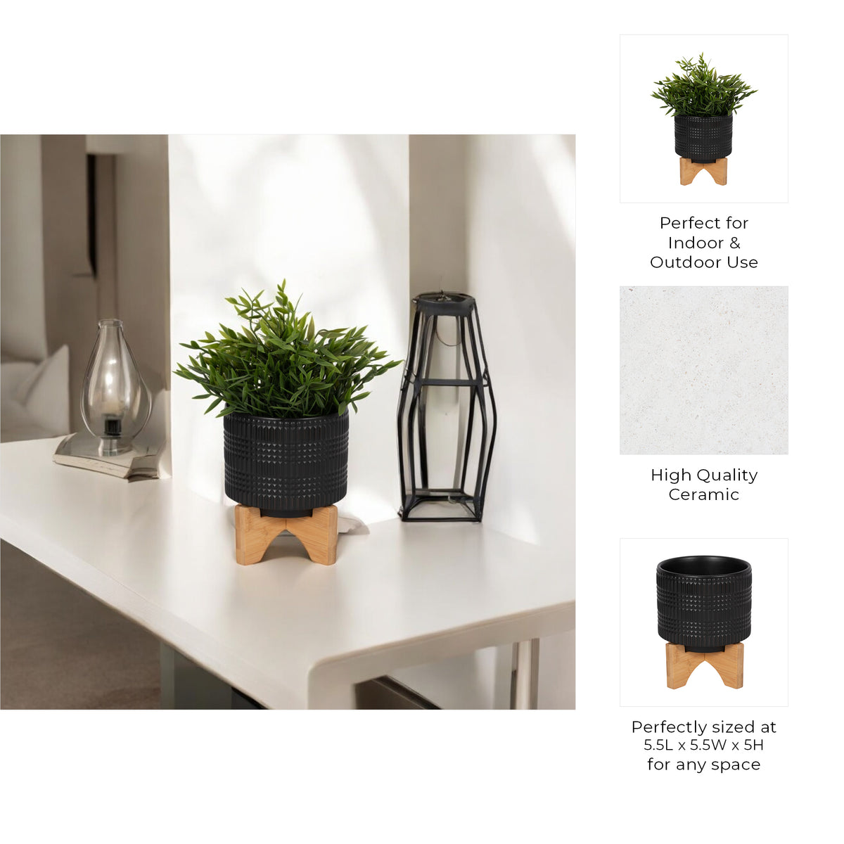 Cowell Black Ceramic Tribal Planter with Stand