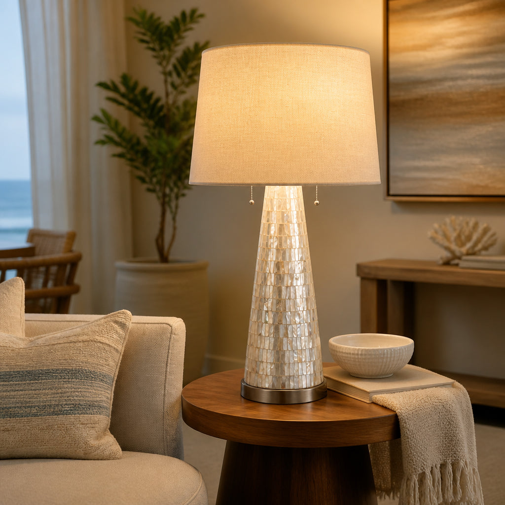 Englewood White/Gray Shell Table Lamp with Tapered Drum Linen Lampshade