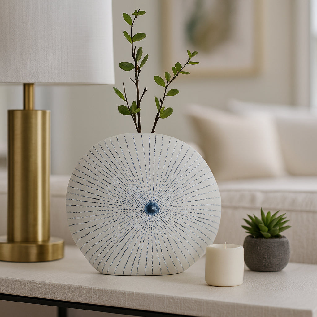 Lochford White/Blue Round Dotted Shell Vase