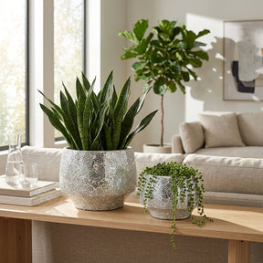 Antonshaw Silver Curved Crackle Mosaic Planters (Set of 2)