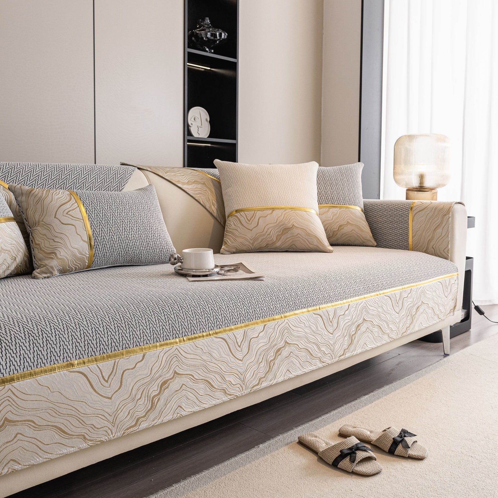 Non-Slip Couch Cover with Gold Trim, Sofa Slipcover for Sectional & Loveseat