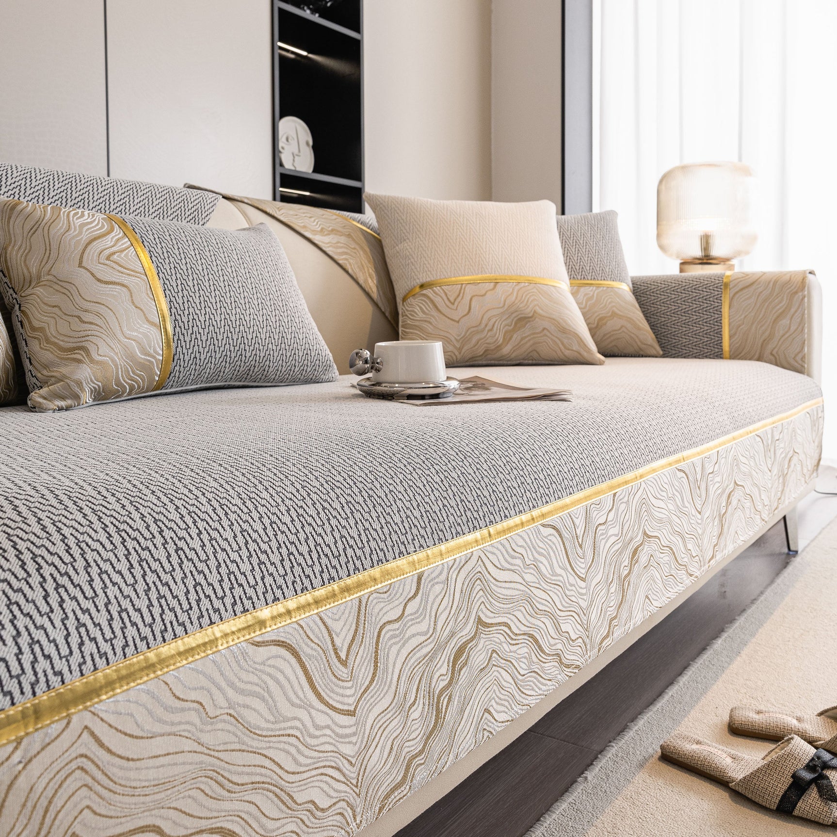 Non-Slip Couch Cover with Gold Trim, Sofa Slipcover for Sectional & Loveseat