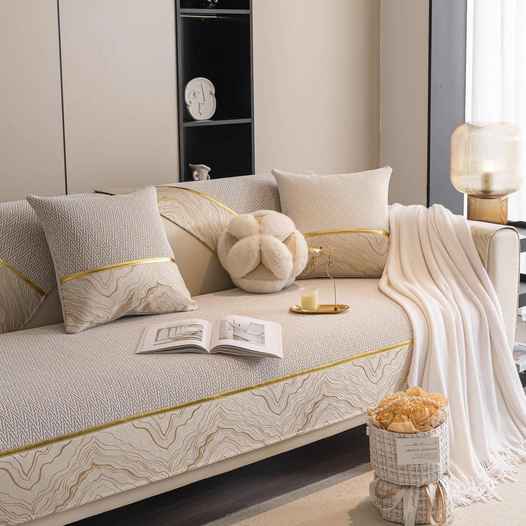 Non-Slip Couch Cover with Gold Trim, Sofa Slipcover for Sectional & Loveseat
