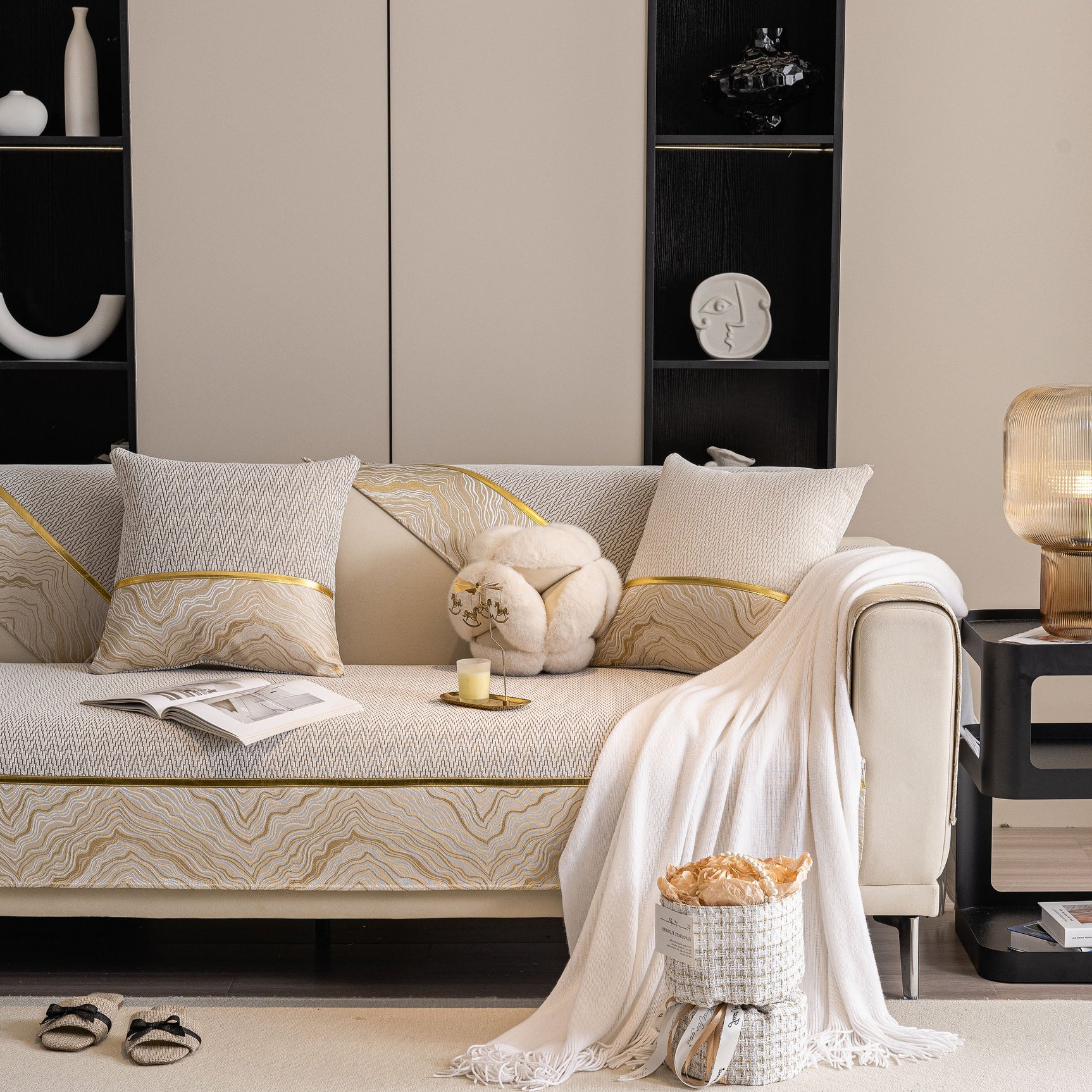 Non-Slip Couch Cover with Gold Trim, Sofa Slipcover for Sectional & Loveseat